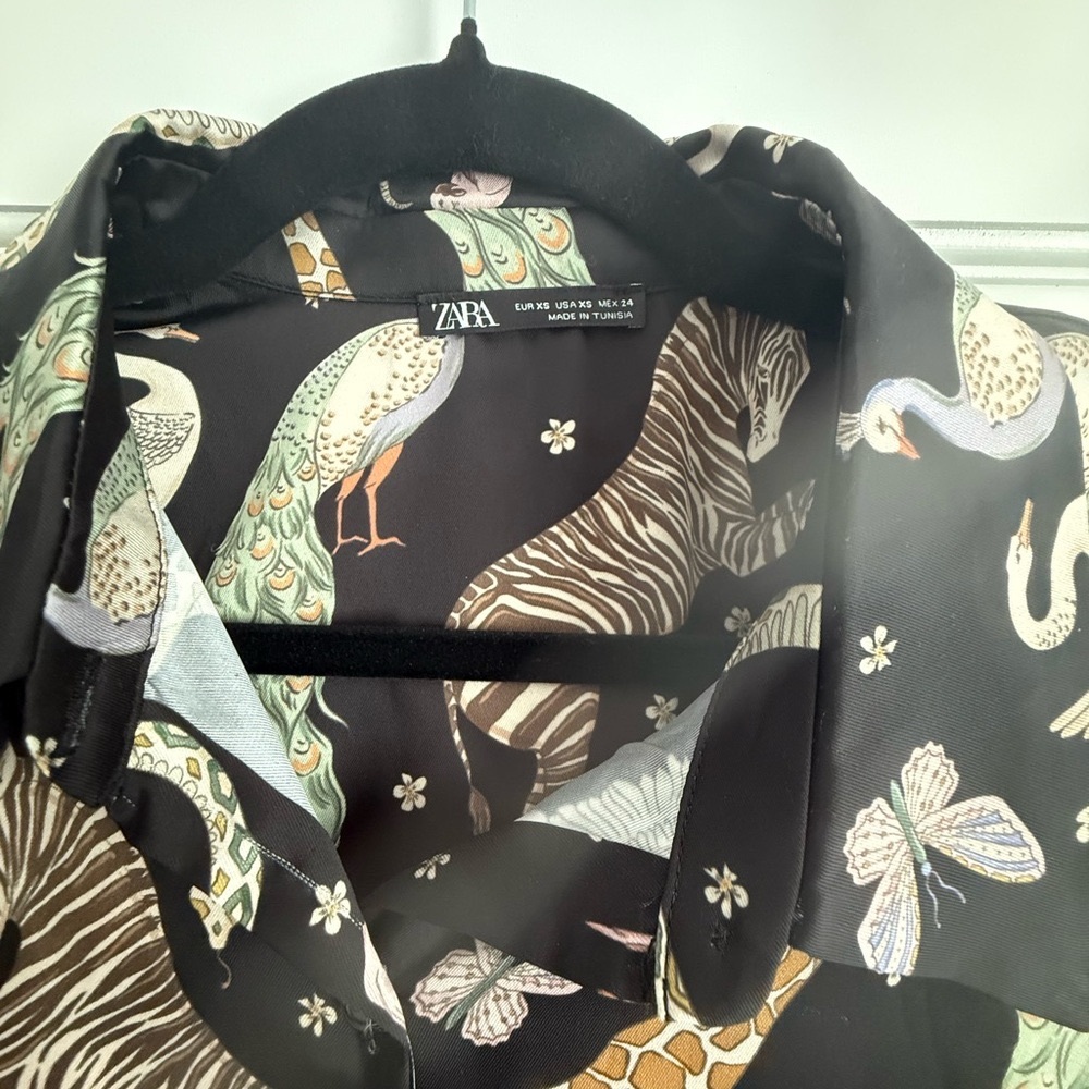 New, Zara Black Blouse with Peacock and Zebra Print